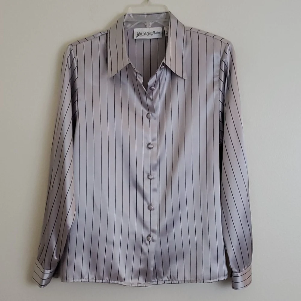 Yves St Claire Satin Silver Stripe Blouse 12P - Picture 1 of 11